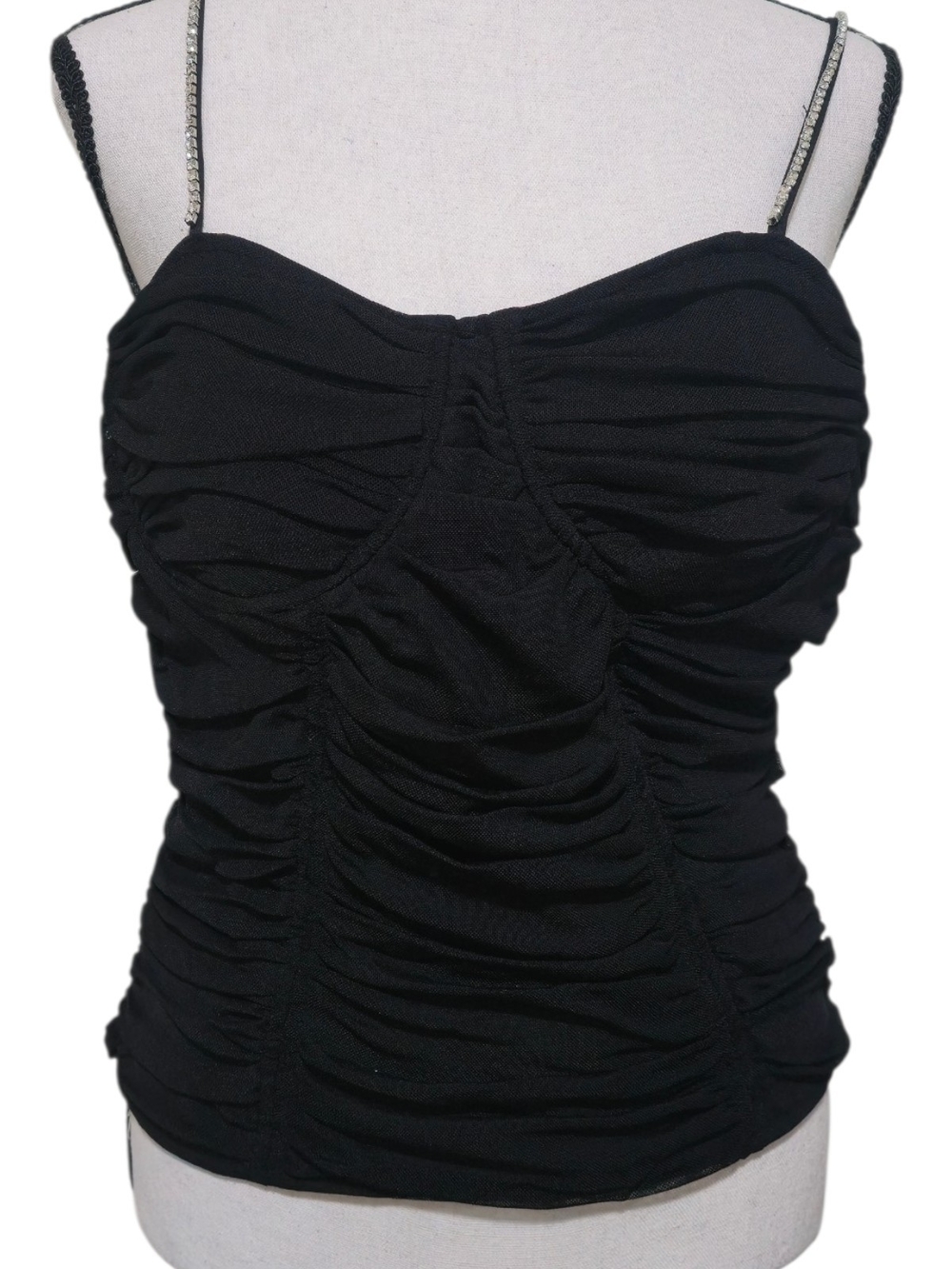 Rachel Zoe Black Ruched Rhinestone Strap Bustier Corset Tank Large Night Out Top